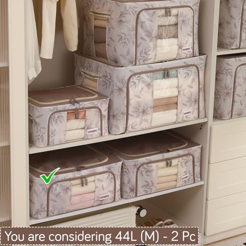 Image of HOKIPO 44L(M) Wardrobe Organiser for Storage of Clothes, 600D Oxford Fabric Storage Box, Latte Floral Pack of 2 (AR-6485-LBR*2)