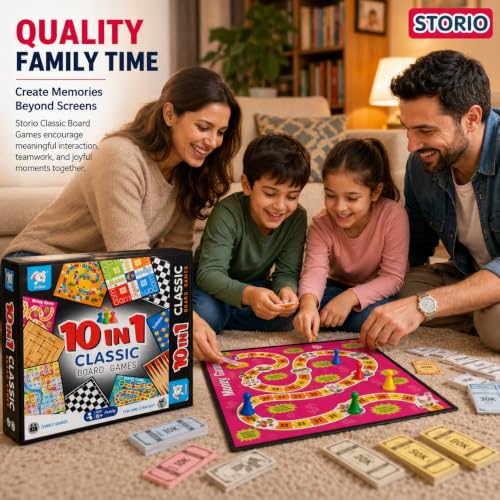 Image of Storio 10-in-1 Classic Board Games for Kids 5+ Years | Chess, Ludo, Snakes & Ladders, Checkers, Backgammon & More | Family Board Game Set with Dice & Pawns | Educational Indoor Game for Boys & Girls