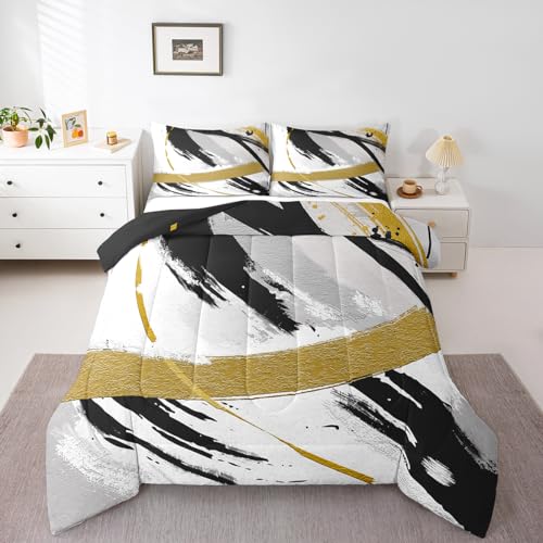 Erosebridal Black Grey Gold Comforter Full Brush Strokes Oil Painting Bedding Set, Gradient Abstract Vintage Down Comforter Ombre Graffiti Bed Set, Contemporary Modern Quilted Duvet