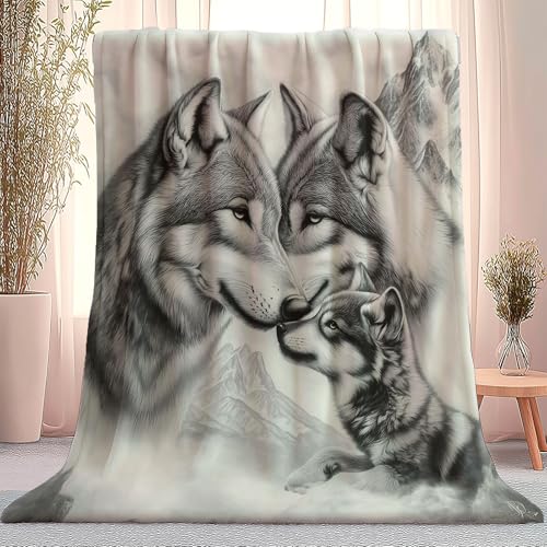 Manta de Franela cálida, Suave y cómoda Lobos Sencillos Pintados A Mano Manta de sofá Lavable con patrón, Manta para Dormitorio 200 x 220 cm, Gris Blanco