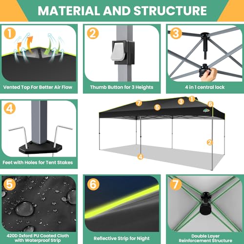 Image of COBIZI 10x20 Pop Up Canopy Tent, Outdoor Party Tent with 6 Sidewall One Push Setup Glow, 3 Adjustable Height Air Vent Waterproof UPF50+, Bag, 4 Sandbag, 6 Stake, 12 Rope for Beach, Commercial