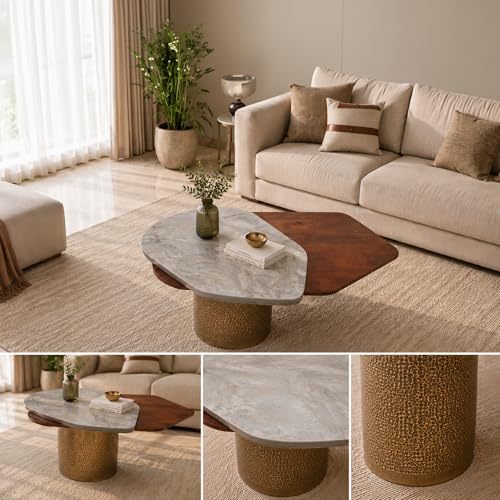 Image of The Attic Dotsy Coffee Table, Coffee Table for Living Room, Rovolving Marble top, Gold & Teak,Grey Finish