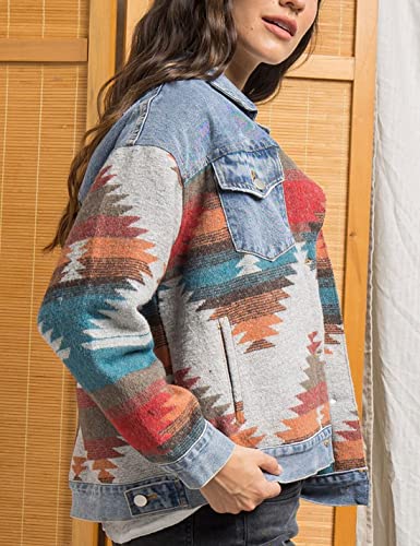 Women’s Aztec Shacket Jacket Lapel Long Sleeve Retro Jean Coat Oversized Western Denim Jacket3