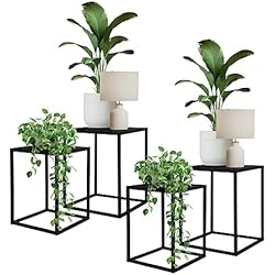 Macetero Pedestal Negro ML-Design Juego de 4 Soportes para Plantas de Metal Negro Pedestal Macetero de Pie 40 y 45 cm Jardinera para Interior o Exterior Estilo Industrial Decorativo Construcción Robusta y Estable para Flores