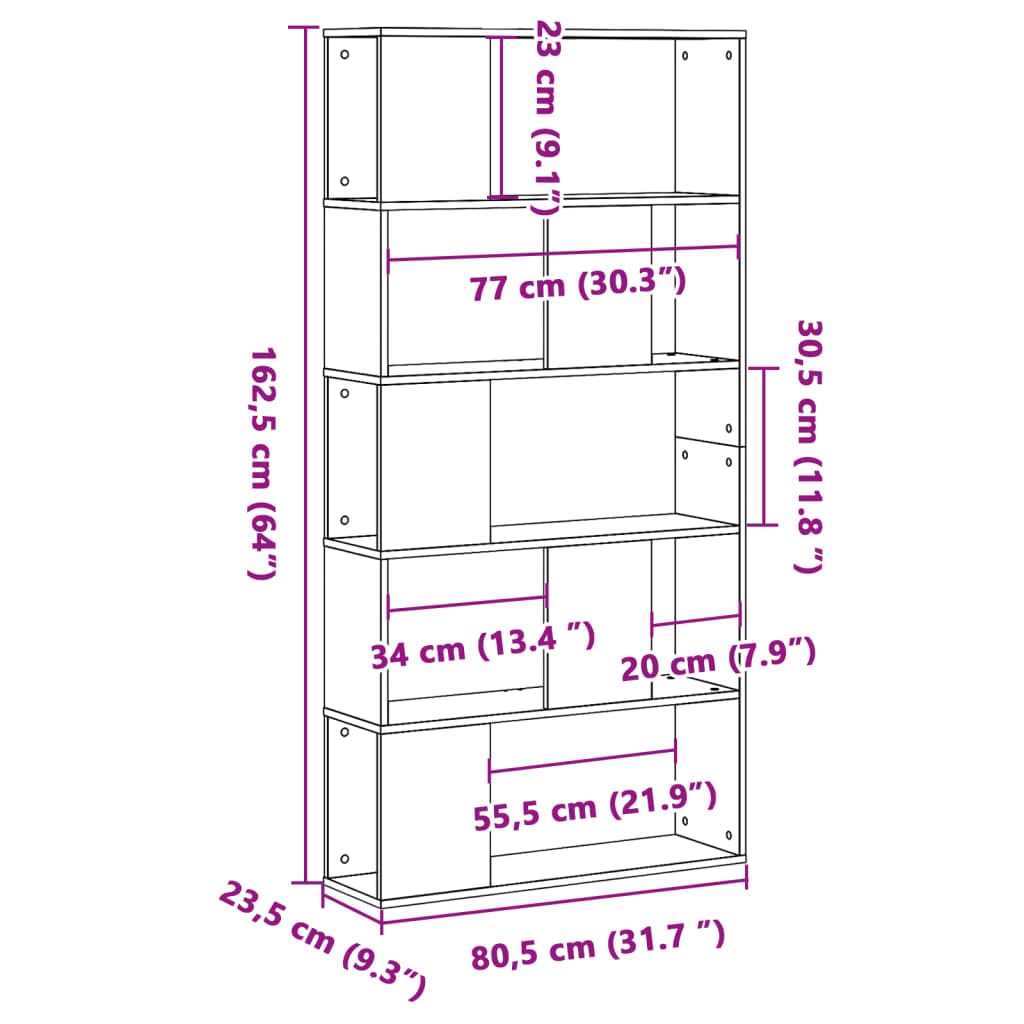 Libreria in rovere Sonoma, 5 ripiani, 80,5 x 23,5 x 162,5 cm, in legno, divisorio per ufficio, soggiorno, cameretta dei bambini