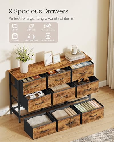 Image of SONGMICS BELLAH Collection - Dresser for Bedroom, TV Stand for TVs Up to 55 Inches, Chest of Drawers for Living Room, Closet, Steel, 9 Drawers, Industrial, Rustic Brown and Ink Black ULGS033KD02S