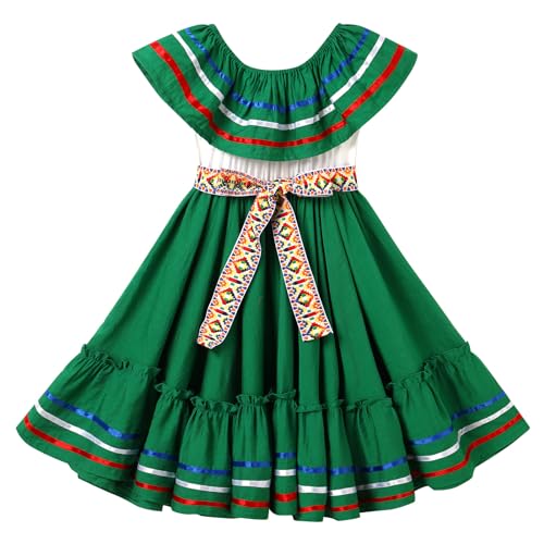 Mexican Dress for Girls Mexican Traditional Folk Ruffle Drape Dress with Belt Carnival Birthday Party Clothes