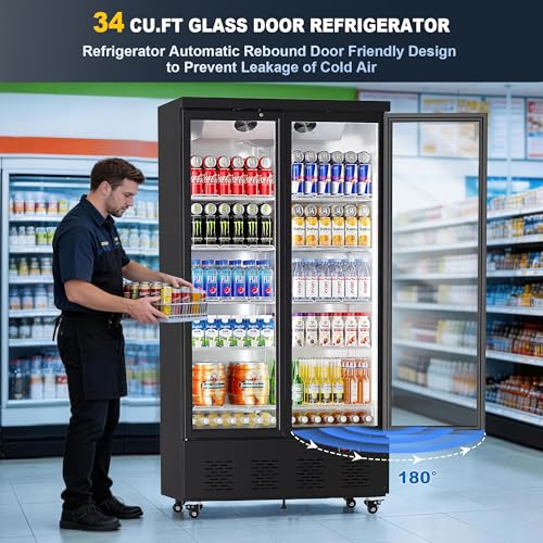Image of 34 Cu.Ft Commercial Display Refrigerator, Space-Saving 2-Door Glass Front Merchandiser, Reach-in Beverage Cooler with Lock for Cafe, Office and Small Grocery, 10 Removable Shelves