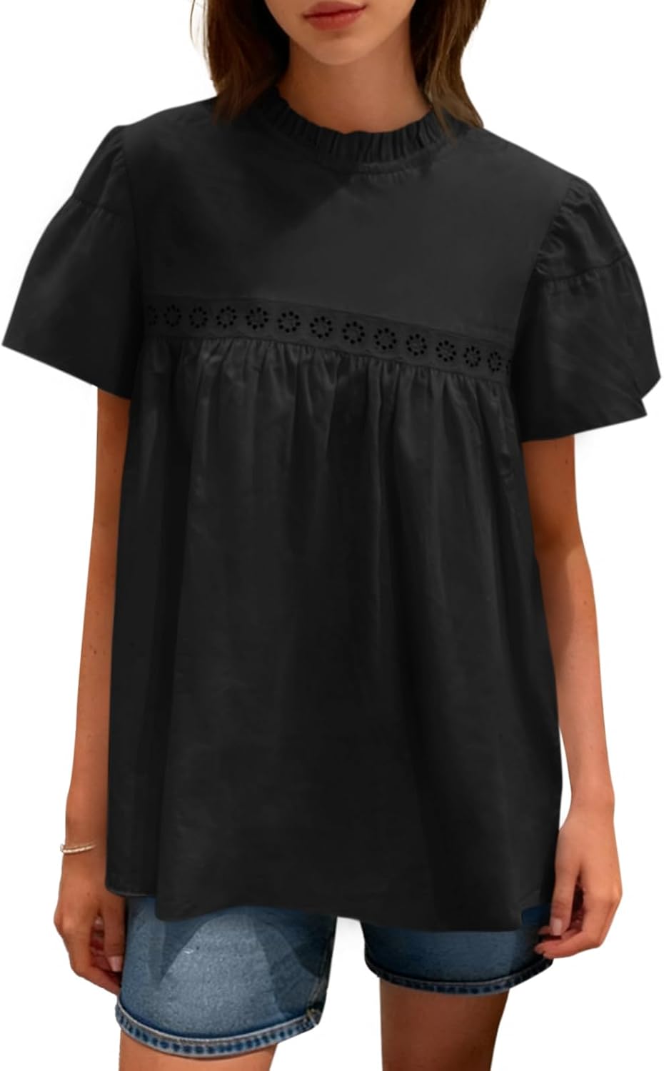 Tankaneo Womens Ruffle Short Sleeve Babydoll Tops Peplum Mock Neck Blouse Casual Loose Fit Pleated Tunic Shirts