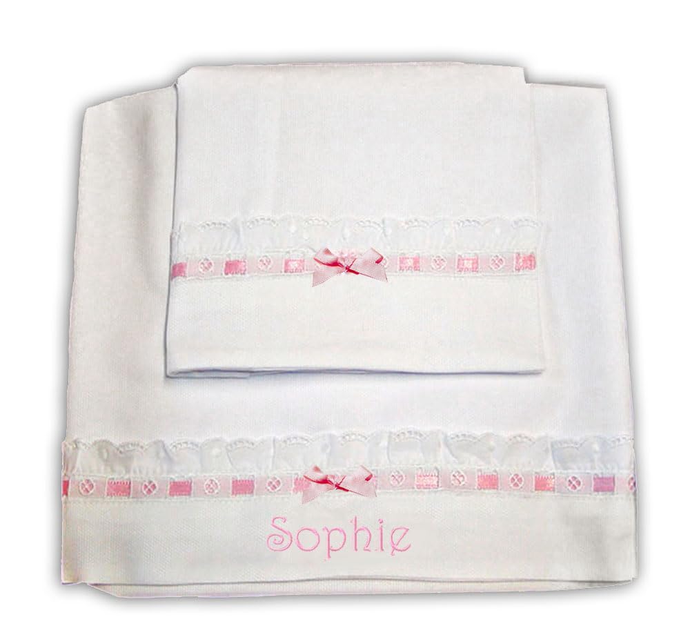 Zigozago - 3-teiliges Baby Bettwäsche Komplett Set "Elegant" mit Sangallo Spitze - 100% Baumwolle, handgefertigt, bestickt und mit Namen personalisierbar