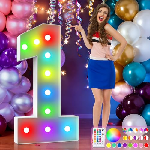 Image of 4FT Colorful Marquee Numbers,18-Color Number 1 with Remote Control Large Light Up Numbers Sign,Pre-Cut Foam Board Set for Party Decoration, Birthdays, Weddings, Graduations, Baby Anniversaries
