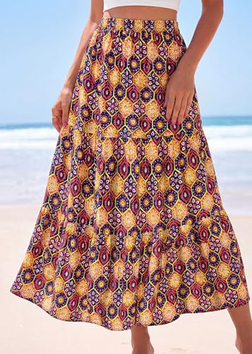 Image of KIRUNDO Maxi Skirts for Women Summer Boho Floral Long Skirt | High Waist Tiered Flowy Skirt, 2026 Spring Fall Fashion, Casual Teacher Outfits, Beach Vacation Clothes, Cruise Resort Wear