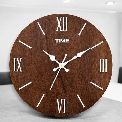 Image of cozyloom Wooden Wall Clock with Roman Numerals - Vintage Rustic Wooden Wall Clockt, Classic Analog Timepiece for Living Room, Bedroom & Wall Decor Styling
