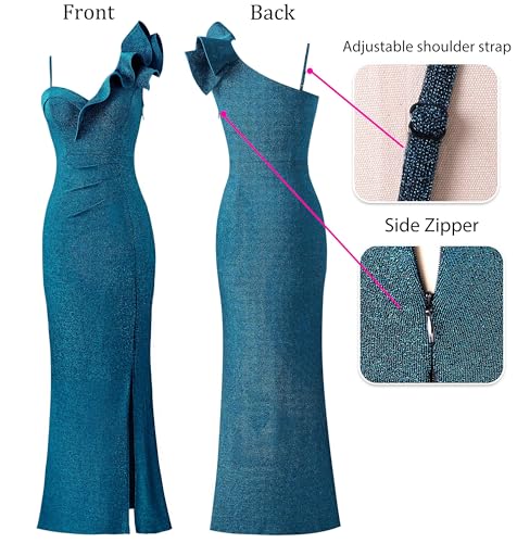 Image of VFSHOW Womens Ruffle One Shoulder Strap Ruched Formal Prom Wedding Maxi Dress V Neck Elegant Split Cocktail Evening Long Gown