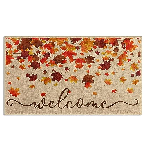 Arttown Fall Door Mat, Orange Maple Leaves Welcome Indoor Front D...