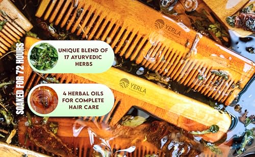Image of YERLA Handmade Kacchi Neem Wooden Comb Set for Women & Men | Herbal Hair Growth Comb Infused with 17 Herbs & 4 Natural Oils | Anti-Dandruff, Frizz Control & Shine | Multi-Size Wooden Comb Combo (Pack of 2)