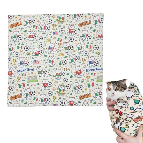 Image of 35.5 inch Extra Large Cat Grooming Wrap - Anti-Escape Cat Wrap for Cutting Nails, Brushing & Medication - Soft, Comfortable, Reusable, Self-Adhering, Holds Cats Up to 22lbs (Soccer Time)