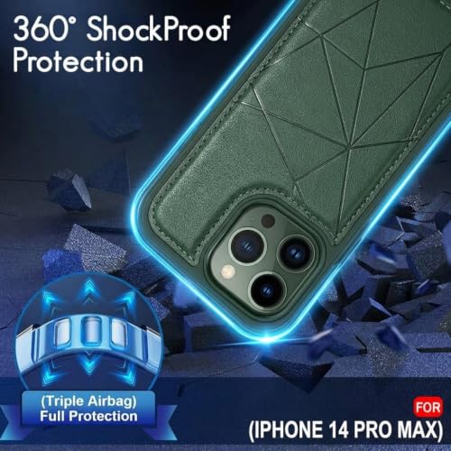 Image of amazon basics Premium Vegan Leather Back Cover with Card Holder and Integrated Mobile Stand for iPhone 14 Pro Max - Slim Shockproof Wallet Case with Geometric Stitching [Green]