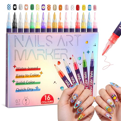 16 Colors Nail Art Pens DIY Nail Art Markers Fine Tip Nail Polish Quick Dry DIY Home Salon Professional Nail Art Tools Manicure Set Gift for Adults Beginners