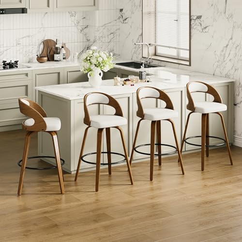 CABZOON 26' Bar Stools Set of 4 Swivel Counter Height Stools Bar Chairs Faux Leather Bar Stool with Backrest & Solid Wood Legs & Wrap-Around Footrest, Counter Stools for Kitchen Island White