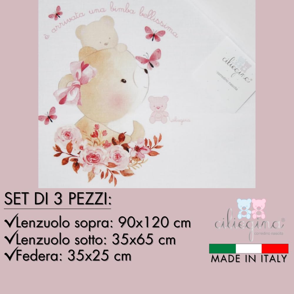 Ciliegina Set 3 Lenzuola Culla 100% Cotone Completo + sotto con elastici Federa Bambino Bambina idea regalo (Farfalle)