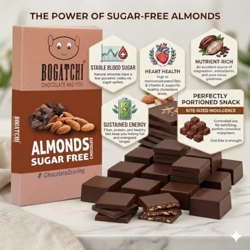 Image of BOGATCHI Almond Sugar Free Dark Chocolate Bites (15 Pcs) | Healthy Roasted Almond Chocolate Squares | Zero Sugar Premium Diabetic Friendly Snack & Gift Box | Vegetarian 80g