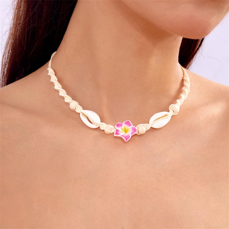 Pingyongchang Hawaiian Plumeria Shell Choker Necklace Bohemian Handmade Flower Adjustable Rope Necklace for Women Summer Beach Necklace Holiday Vacation Party Jewelry Gift4