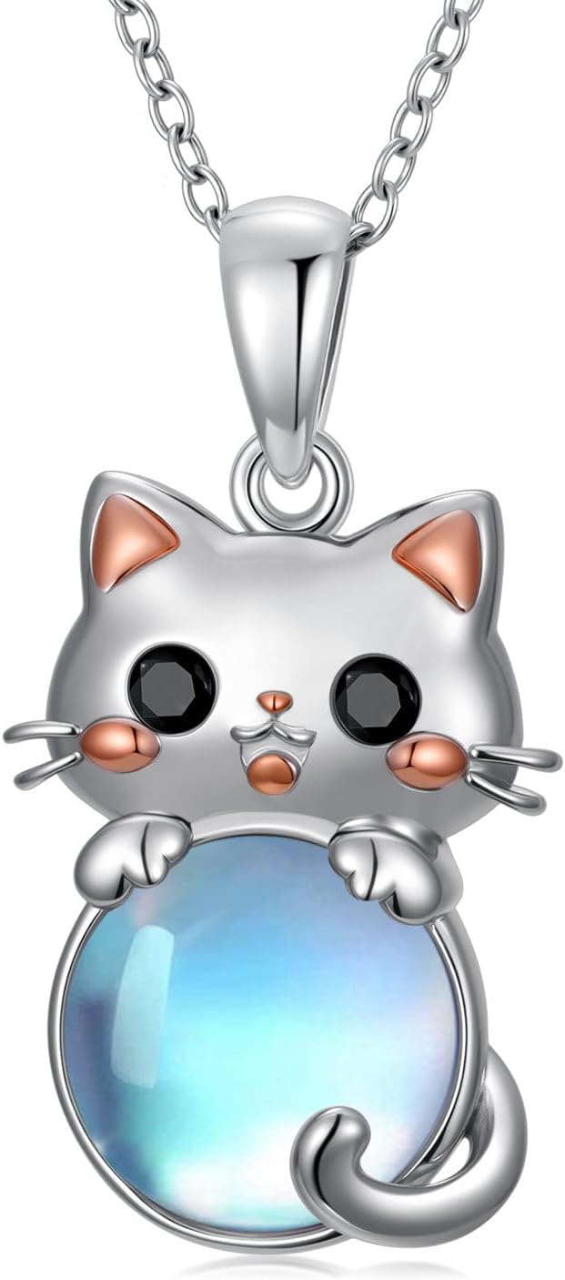 925 Sterling Silver Moonstone Fox/Owl/Cat/Dog/Deer Animal Necklace Pendant for Women Mother Wife, Valentine's Day Birthday Gift, with 18+2inch