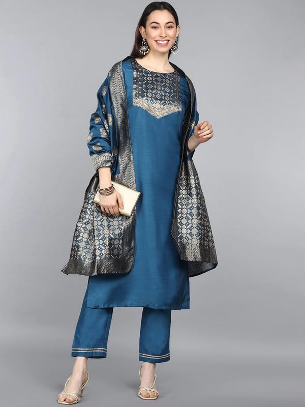 Image of Vaamsi Women's Poly Silk Ethnic Motifs Yoke Design Straight Kurta Set with Dupatta