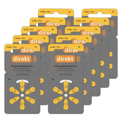 DIREKT Hörgerätebatterien Typ 10 Gelb - Zink-Luft Batterien für Hörgeräte - PR70 P10 ZL4-1 45 V - Made in Germany - 60 Stück im Sparpack