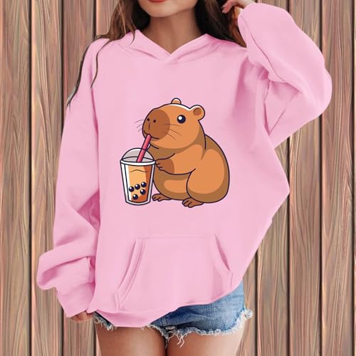 Cute Capybara Graphic Hoodies for Girls Oversized Dropped Shoulder Long Sleeve Fleece Fall Winter Hooded Sweatshirt2