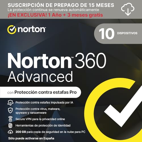 Norton 360 Advanced 2026 │ 10 Dispositivos │ 15 meses renovación automática │ Social Media, Dark Web Monitoring y VPN │ Código por email
