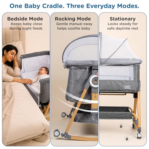 Image of Mee Mee Regal Sway Cradle for New Born Baby and Swing Anti Sleep Tilt Mode /Ultra-Light Cradle with Patented Rocking & Mosquito Net, Detachable 360 Swivel Wheels (Brown Grey)