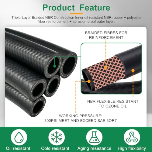 Image of 5Ft Fuel Line Hose Kit 5PCS with 40Pcs Clamps, 3 /8 inch,5 /16 inch,1 /4 inch,1 /2 inch,3 /16 inch ID High Performance 300PSI NBR Rubber for Automotive, Small Engines, ATV, Push Lock Reinforced