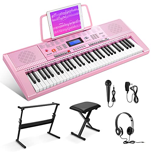 Eastar Electronic Keyboard Piano Kit 61 Key for Beginner Children, Digital E Piano with Stand, Bench, Music Stand and Microphone, Pink, Musical Instruments Gift for Kids