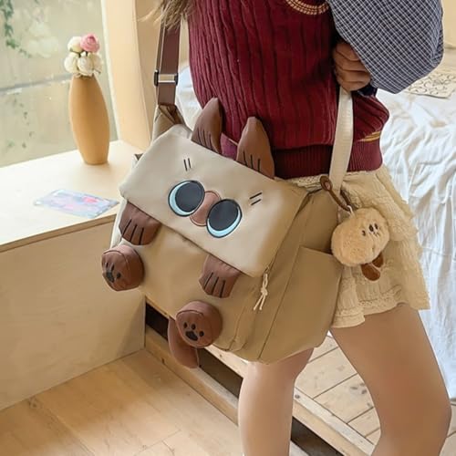 Cute Siamese Cat Messenger Bag for Women Crossbody Large Capacity Canvas Purse Daypack Korean Cartoon Square Bag (Khaki)3