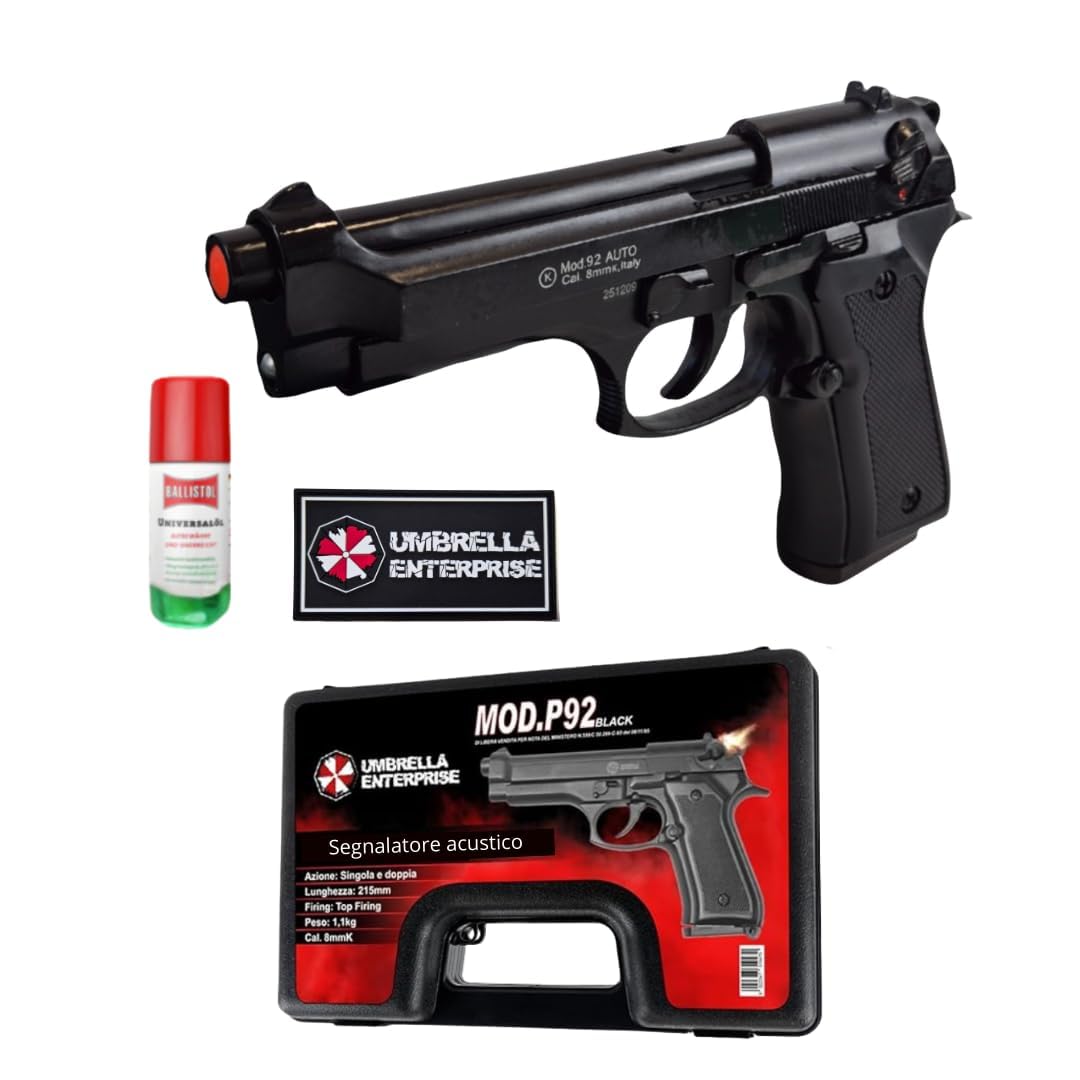 Pistola a Salve Mod. 92 Top Firing 9 mm, Segnalatore Acustico Scacciacani/Addestramento, Nera - Kit con Olio Ballistol incluso