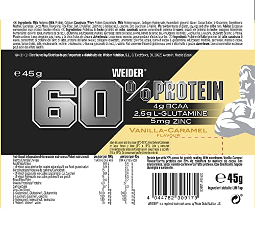 Weider Nutrition 60% Protein Bar Vainilla Caramelo 24 x 45 gr. La barrita con más proteína del mercado. Con 4 g de BCAAs por barrita, Negro - Imagen 5