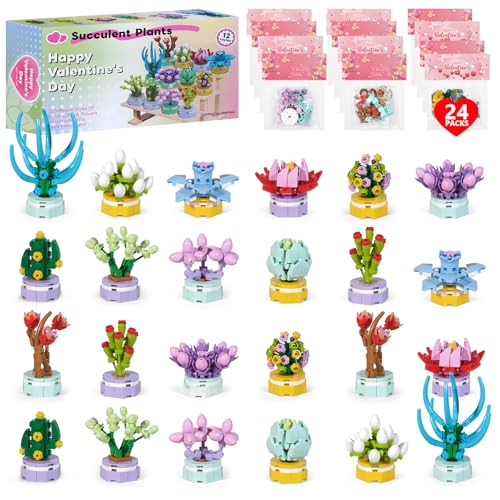Nuokin 24Pcs Valentine's Day Party Favor Gifts Goodie Bag Succulent Plant Building Block Set Succulent Bonsai Plant Home/Office Decoration Building Blocks Exchange Gifts