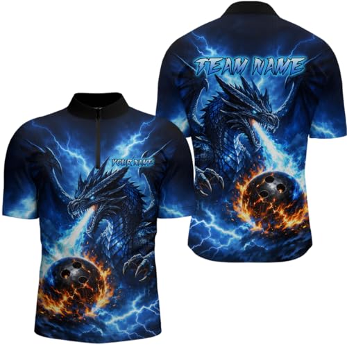 Blue Dragon Bowling Shirt Dragon Flaming Bowling Jersey for Men Women Bowling Polo Shirts & Bowling Quarter Zip (Men Quarter Zip)