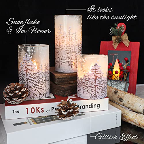 Image of Christmas Tree Flameless Candles, Flickering Battery Operated LED Candles with Remote Timer, Snowflake Iced Glass Pillar Candles for Holiday Party Home Decoration Christmas Gifts, Set of 3