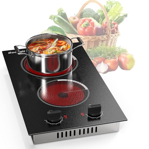 Cooksir Plaque Vitrocéramique 2 Feux avec Boutons, Plaque de Cuisson Electrique 2 Feux avec Prise, 30CM Plaque électrique Encastrable, 3000W, Boutons de...