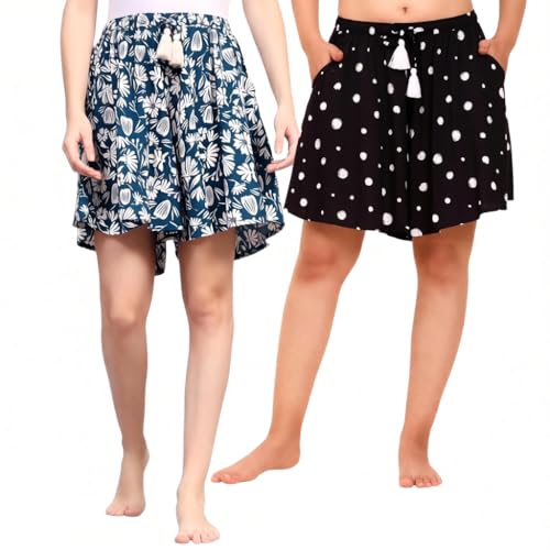Image of B STORIES Women's Viscose Printed Lounge Culotte Shorts (Pack of 2)