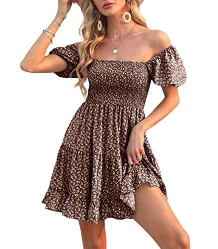 Veatzaer Women's Puff Sleeve Square Neck Smocked Babydoll Dress Boho Floral Print Off Shoulder Ruffle Mini Short Dress2