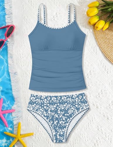 Image of Girls Swimsuit Solid Color Tankini Contrast Trim Swimwear 2 Piece Bathing Suit Padded Swimsuits for Teens 9-16Y