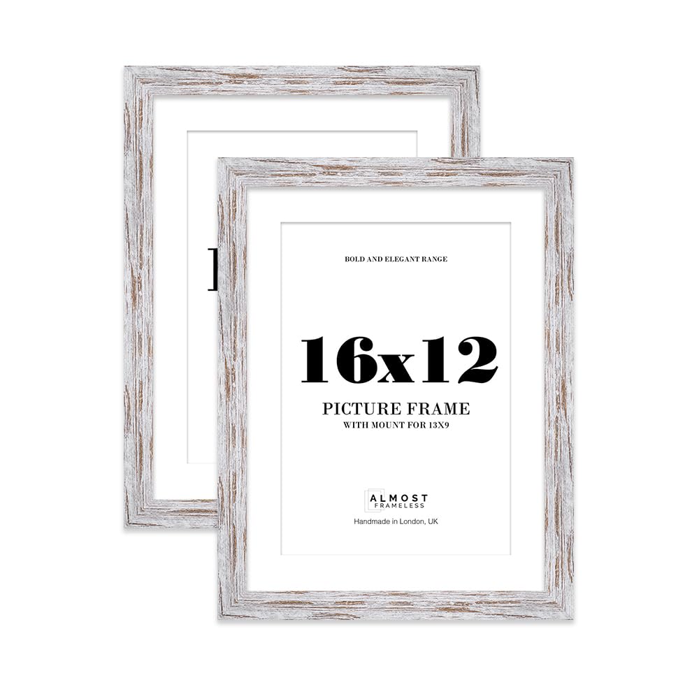 16x12 Distressed Wood Frame With Mount for 13x9 Pictures 28mm Edge Portrait and Landscape Display with Wall Hooks, 2 Pack