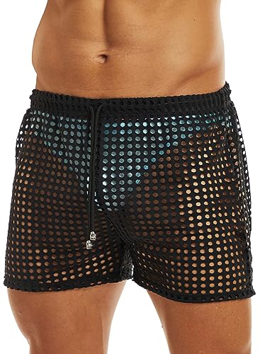 MIZOK Men's Hollow Openwork Short Sexy Fishnet See Through Boxer Shorts Lounge Swim Cover Black M3