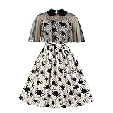 Black Widow Costume for Women, Adult Halloween Costume Women Victorian Dress Two Piece Outfit Funeral Hallowmas Spider Print Trim Swagger Skirt Round Collar Retro Dress Formal (XL, Beige)