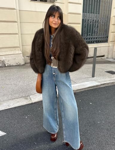 Wyeysyt Womens Faux Fur Cropped Coat Fluffy Faux Fur Jacket Long Sleeve Open Front Winter Warm Jacket3