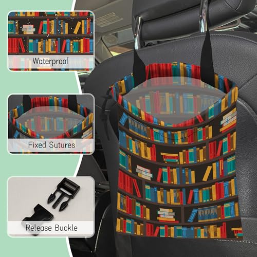 Image of Bookshelves Car Trash Bag,Multicolored Book Hanging Drawstring Car Garbage Bag,Waterproof Canvas Car Back Seat Organizer with Adjustable Buckle,for Vehicles,SUVs,Camping,Road Trips
